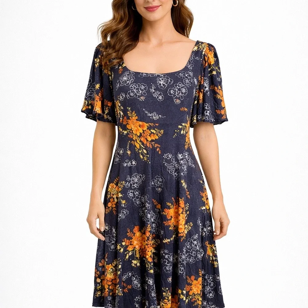 Maeve Anthropologie‎ Floral Midi Dress Womens Small Navy Blue Rayon Boho Flutter